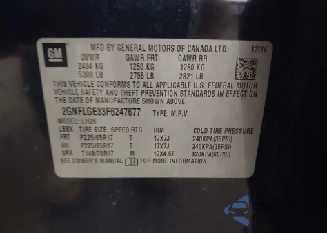 2015 Chevrolet Equinox 2Lt из США, поврежденный, VIN 2GNFLGE33F6247677